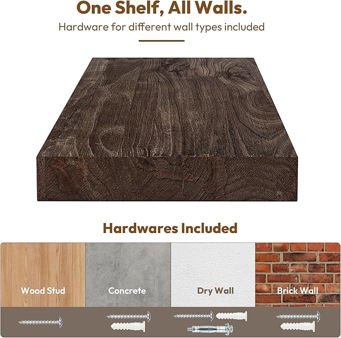 Vivelove Elm Wood Floating Shelves, Wooden Shelves for Wall with Invisible Bracket for Living Room Bedroom Bathroom Office Book, Rustic Farmhouse Display Shelf, 48 Inch Set of 1- Dark Walnut