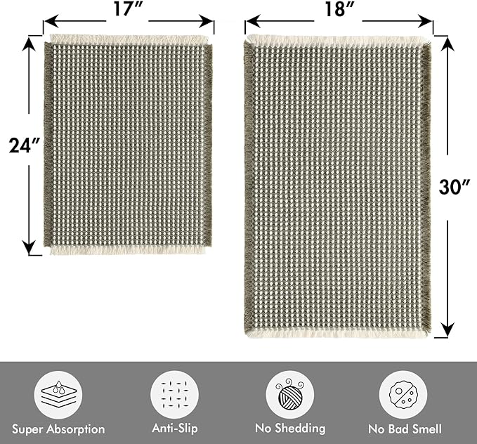 MIULEE Set of 2 Waffle Bathroom Rugs, Boho Bath Rugs Non Slip Washable, Super Absorbent Bath Mats, Ultra Soft Rubber Backed Shower Mats for Bathroom Floor, Tub, Green & Cream, 17"x24"+18"x30"