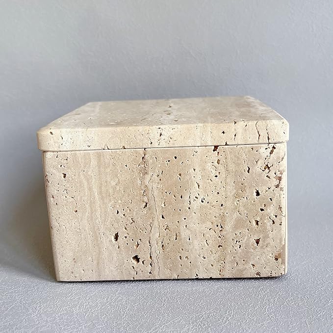 Natural Marble Ring Jewelry Box Cotton Swab Storage Box with Lid Storage Box (Travertine)