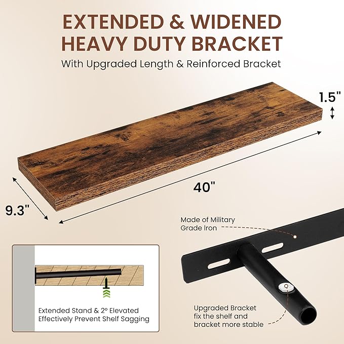 Dreamland 40 Inches Floating Shelves for Wall, 9.3" Deep Long Floating Shelves Set of 2, Large Display & Storage Shelf, Wall Shelf for Bathroom Bedroom Living Room Kitchen Office, Rustic Brown