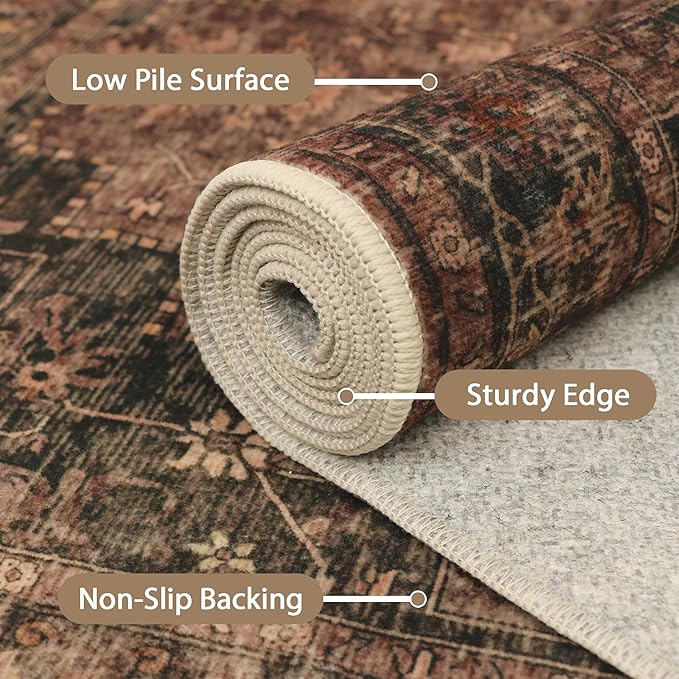 GENIMO 6x9 Area Rugs for Living Room, Machine Washable Rug, Non Slip Indoor Vintage Rug, Low Pile Lightweight Chenille Print Carpet for Bedroom Dining Room Home Office, Charcoal Brown