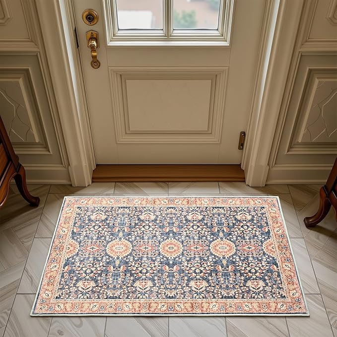 Goideal Washable Rug 2x3, Vintage Area Rugs Non Slip, Indoor Low Pile Carpet with Rubber Backing for Kitchen Bathroom Entryway Office Bedroom,Navy Blue & Orange