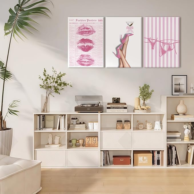 3Pcs Trendy Coquette Wall Art Pink Lips Bikini & Bow Heels Wall Decor Pictures Vintage Martini Newspapaer Canvas Posters Prints for Y2K Girly Room Dorm Apartment Preppy Aesthetic Decor 12x16in