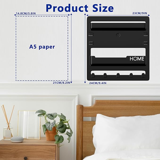 Bedside Wall Mount Organizer,Bedside Wall Shelf Accessories Floating Shelves Stick On for Bedroom Storage Organization,Aesthetic Room Dorm Decor for Girls,Cute Stuff for Teens,5 Hooks-Black