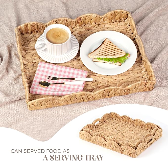 Scalloped Water Hyacinth Tray, Hand-Woven Wicker Storage Baskets with Scalloped Edge and Handles (17x13x3 inch) Rectangular Handwoven Trays, Water Hyacinth Basket, 2 Pack (Light Brown)