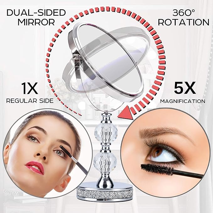 Hanjue Makeup Mirror, 360 Degree Swivel Vanity Mirror, Crystal Cosmetic Mirror, 1X/5X Magnifying Double Sided Mirror,Adjustable Makeup Mirror M020