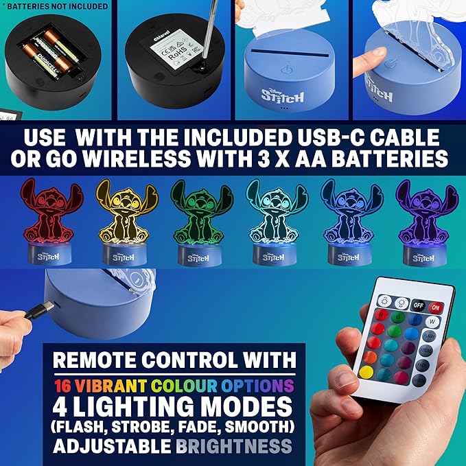 Get Trend Disney Stitch 3D Illusion Night Light for Kids, 16 Colors, 4 Lighting Modes, Dimmable, Dual Powered LED Desk Lamp with Remote Control, Bedroom Decor, Gifts for Boys, Girls (Multi Stitch)