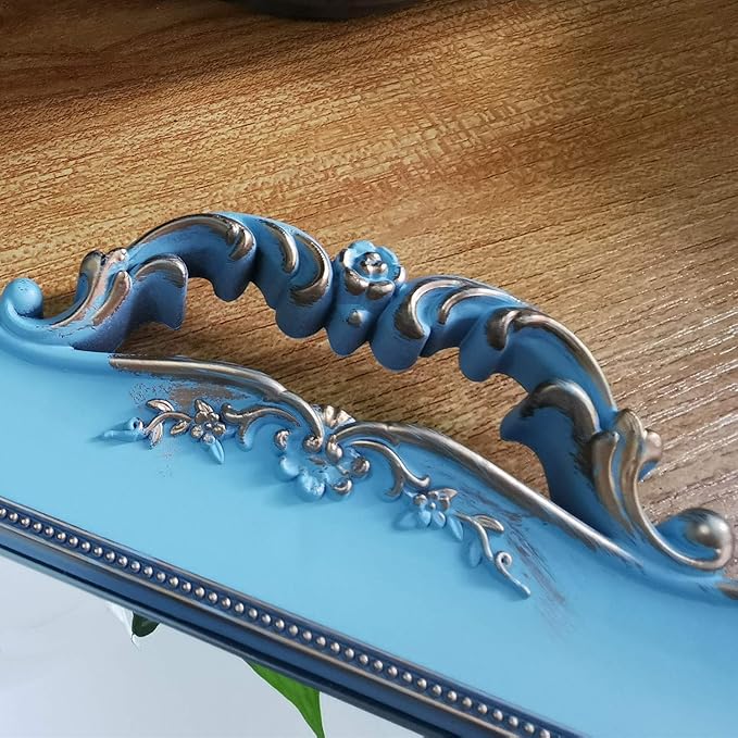 Rectangle Decorative Mirror Tray, French Style, Makeup Organizer, Jewelry Organizer, Serving Tray, 9.5"x 14.9", Golden Blue