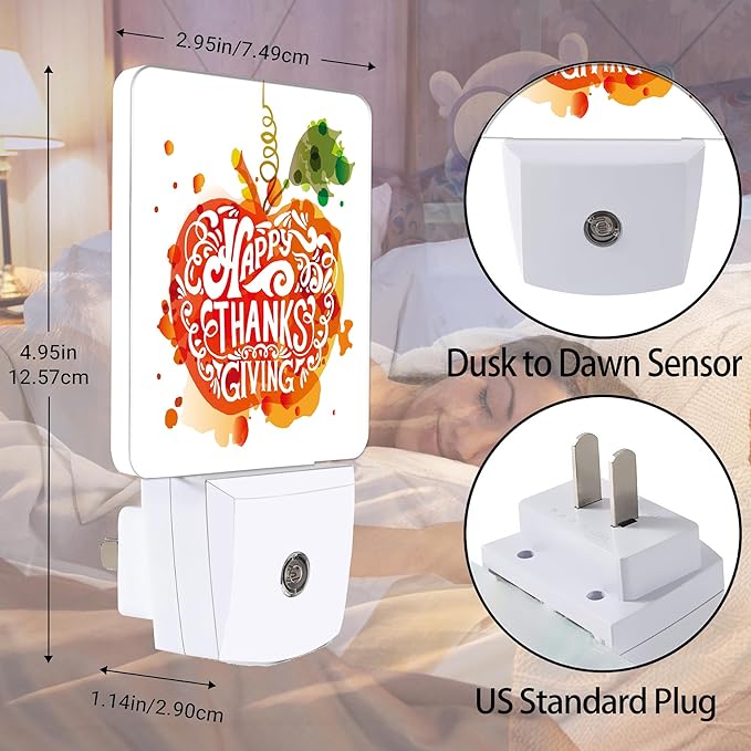 Happy Thanksgiving Night Light, Watercolor Pumpkin Plug into Wall with Dusk to Dawn Light Sensors, Warm Nightlights for Bedroom, Bathroom, Hallway, Kitchen, Gifts Ideal for Women Men