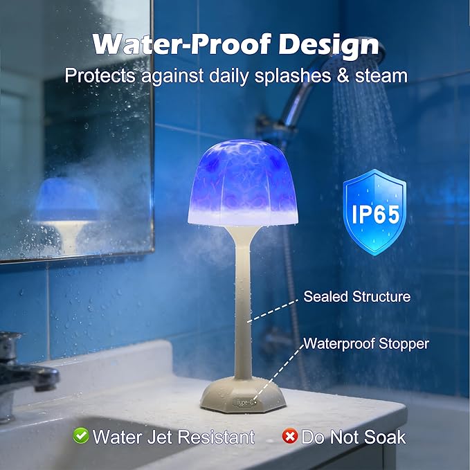 Rechargeable Shower Light, Waterproof Bathroom Lamp with Ocean Wave Projection, 3 Light Colors and 16 Ambient Modes, Touch and Remote Control, Ideal for Shower Rooms, Bedrooms and Nighttime Ambience