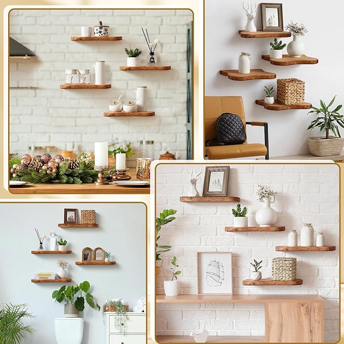 Pinkunn 4 Pcs Floating Shelves for Wall Wooden Live Edge Shelf Wall-Mounted Natural Solid Wood Bedroom Kitchen Storage Living Room Nursery Decor (15.74 Inch)