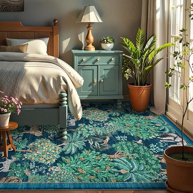 GarveeHome Jungle Animal Print Rug 6x9 Washable Area Rugs for Living Room, Forest Rug Non Slip Low Pile Stain Resistance Large Throw Carpet for Bedroom Dining Room Kids Playroom Nursery, Blue
