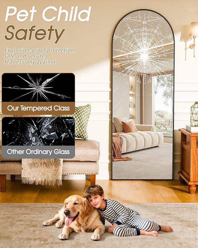 SUNQUEEN 71"×32" Mirror Full Length, Arched Full Length Mirror with Stand, Standing Floor Mirror Wall, Hanging or Leaning Large Full Body Mirrors for Bedroom Living Room (Black)