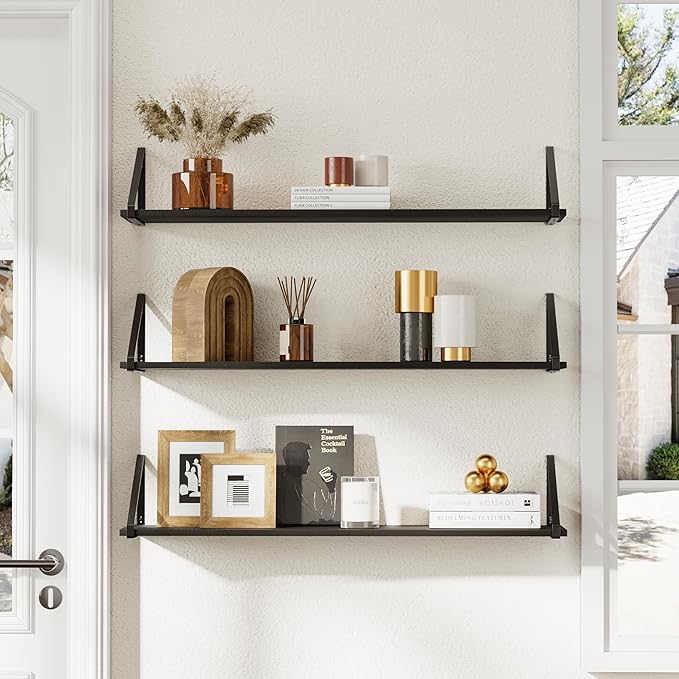 BAMEOS Rustic Wood Wall Shelves - Set of 3, Large Bookshelf for Living Room, Bedroom and Kitchen, Black Shelves for Wall Decor