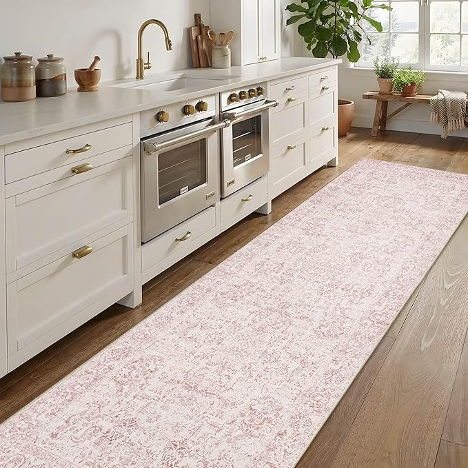 Rugxara 2'6" x 8' Hallway Runner Rug, Non Slip Boho Runner Rugs for Hallway, Kitchen, Entrance, Bathroom, Laundry Room, Soft Ultra-Thin Entryway Carpet, Throw Low Pile Retro Carpet, Pink