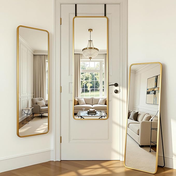 Antok 48''x 14'' Full Length Mirror Over Door, 4-in-1 Standing Leaning Wall Mounted, Adjustable Hanging Mirror for Bedroom Living Room, Gold, Rounded Corner