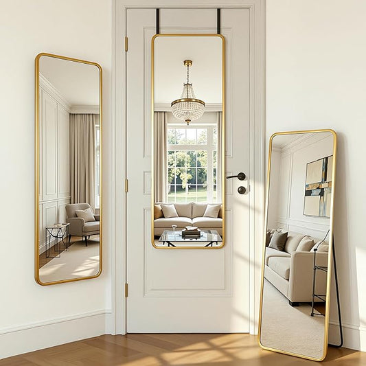 Antok 48''x 14'' Full Length Mirror Over Door, 4-in-1 Standing Leaning Wall Mounted, Adjustable Hanging Mirror for Bedroom Living Room, Gold, Rounded Corner