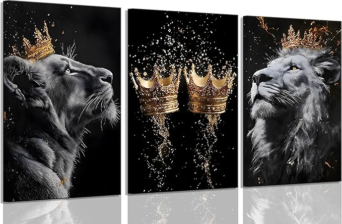 3 Pieces Framed Lion Canvas Wall Art Golden crown with lion Poster print Modern Motivational Black And White Lion Pictures Wall Decor for Living room Office Decoration
