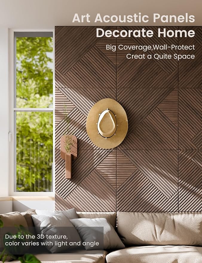 Fluxynara Large Felt Bulletin Board,Cork Board Alternative 70.87'' x 47.24'' Art Acoustical Wall Panels-6 Pack with 60 Adhesive Tabs,for Recording Studio/Home Offices-Walnut/Diamond Chevron