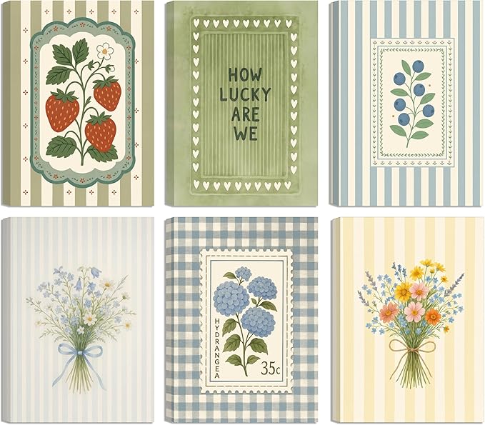 6Pcs Vintage Floral Canvas Wall Art Cottagecore Botanical Painting Picture Wall Decor Vintage Botanical Posters Print Artwork for Girls' Room Bedroom Livingroom Home Decoration