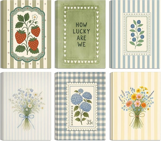 6Pcs Vintage Floral Canvas Wall Art Cottagecore Botanical Painting Picture Wall Decor Vintage Botanical Posters Print Artwork for Girls' Room Bedroom Livingroom Home Decoration