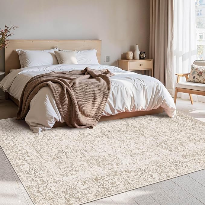 Rugxara Washable Area Rug for Living Room, Vintage Neutral Boho Rugs for Office, Dining Room, Kids Room, Farmhouse, Durable Low Pile Non Slip Carpet for High Traffic Areas, Light Bown(4x6ft)