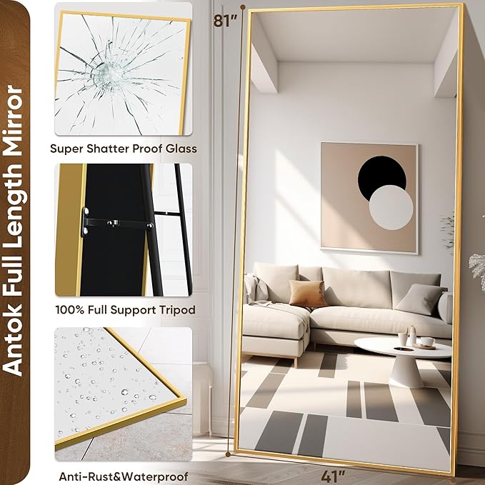 Antok Full Length Mirror, 46"x90" Floor Mirror with Stand, Hanging Mounted Mirrors for Bedroom, Living Room, Cloakroom, Dining Room, Gold, Rect