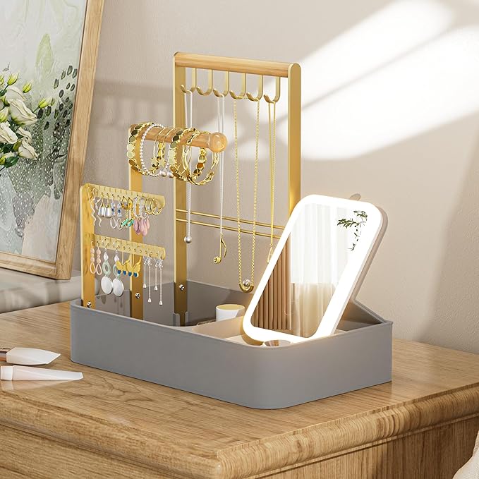 Vanity Mirror with Lights & 4 Tiers Jewelry Holder Organizer, Jewelry Display Stand for Bracelet, Necklace, Earrings, Rings, 1000mAh 3-Color Lighting Makeup Mirror, Light Gray