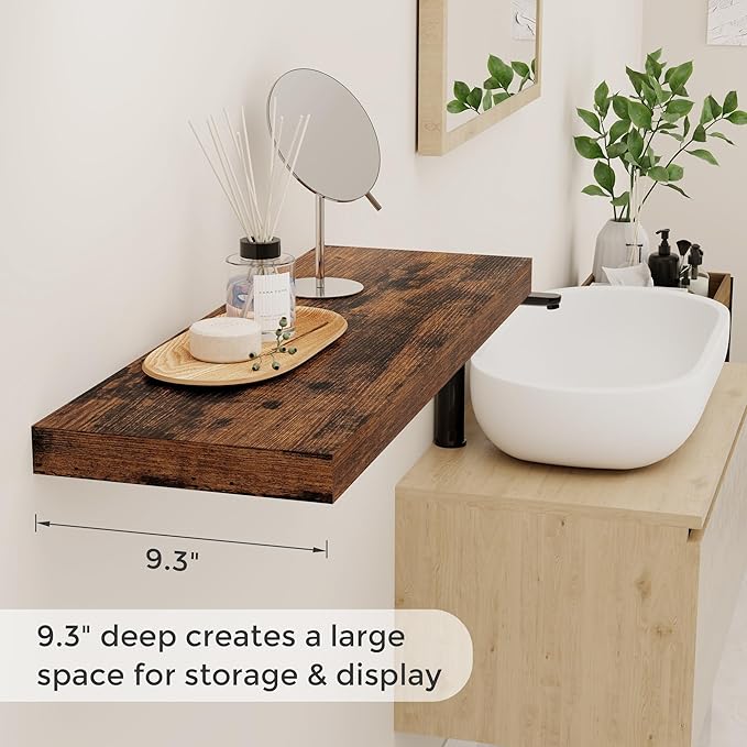 Fun Memories 32" W x 9.3" D Floating Shelves, Rustic Wood Deep Shelves for Bedroom, Kitchen, Living Room, Long Floating Shelf for Wall, Storage Display Wall Shelf for Books Decor, Rustic Brown