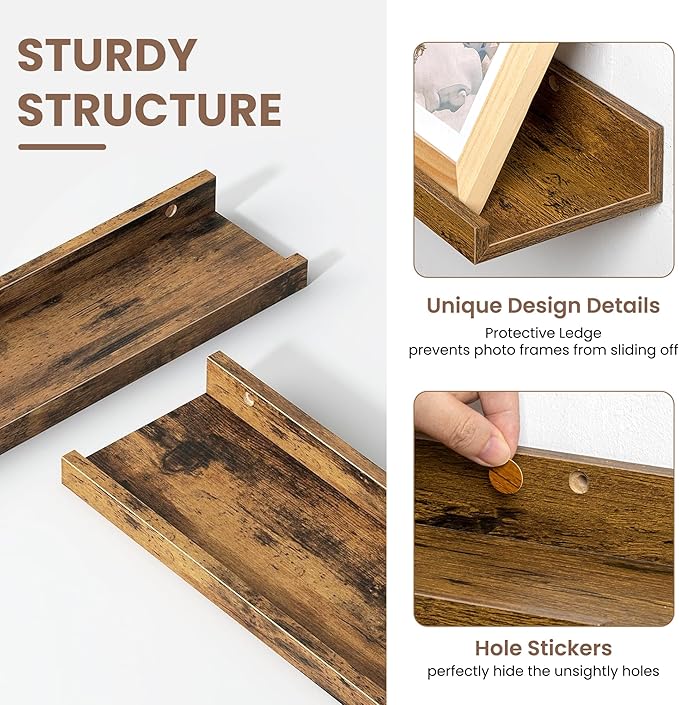 Fun Memories Picture Ledge Shelf, Floating Shelves Set of 4, 32 Inch Picture Shelves for Wall with Ledge, Large Nursery Book Shelf for Toys Storage, Living Room, Bedroom Decor Frames, Rustic Brown