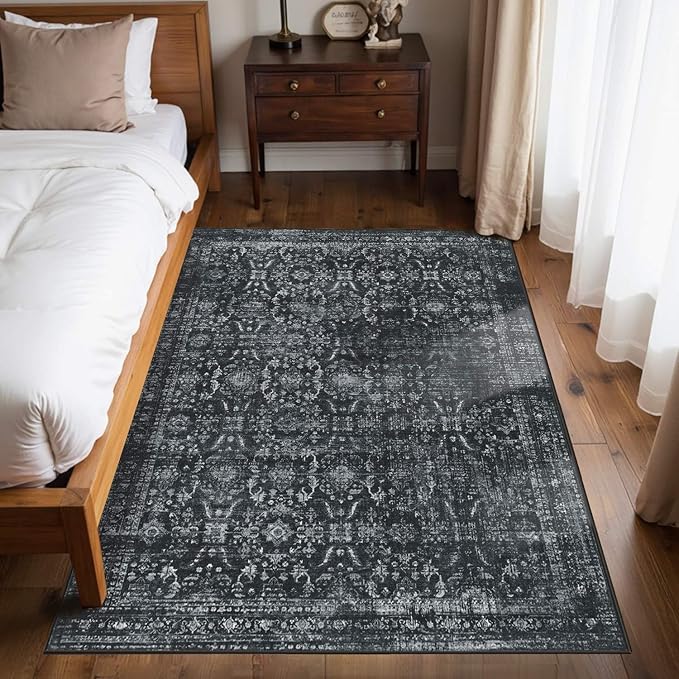 Rugxara 4x6 Rug for Living Room Bedroom, Black Washable Throw Rugs, Vintage Retro Boho Area Rugs, Non Slip & Low Pile Accent Throw Carpet for Indoor Dining Room, Kids Room and Office(Black 4x6ft)