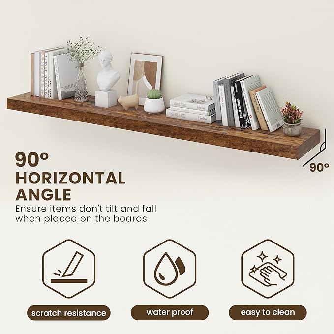 FLYJOE 72 Inch Floating Shelves | 12 Inch Deep Floating Shelves Set of 2 | 72" W x 12" D Rustic Brown Wood Wall Shelves for Bathroom Living Room Kitchen Laundry Room
