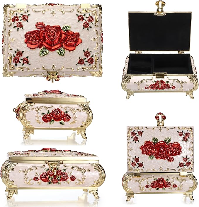 Hipiwe Metal Decorative Jewelry Box Vintage Treasure Chest Case Ornate Trinket Organizer Earrings Necklace Bracelet Storage Box Ring Holder Keepsake Box for Women