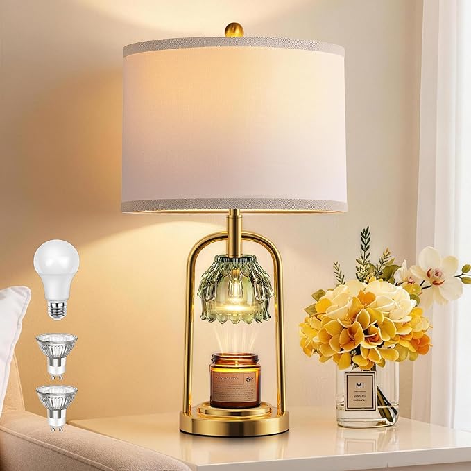 QiMH Candle Warmer Lamp with Timer Dimmer, Modern Table Lamp Wax Warmer for Scented Wax Jar, Glass Lamp Candle Warmer with 2 Bulbs, Women Gifts, House Warming Gifts, Home Decor, Brushed Gold Green
