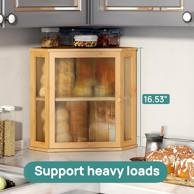 viewcare Corner Bread Box for Kitchen Counter, Bamboo Wood Large Capacity Bread Storage Bin with Acrylic Wavy Door Panel (Natural, Extra Large)