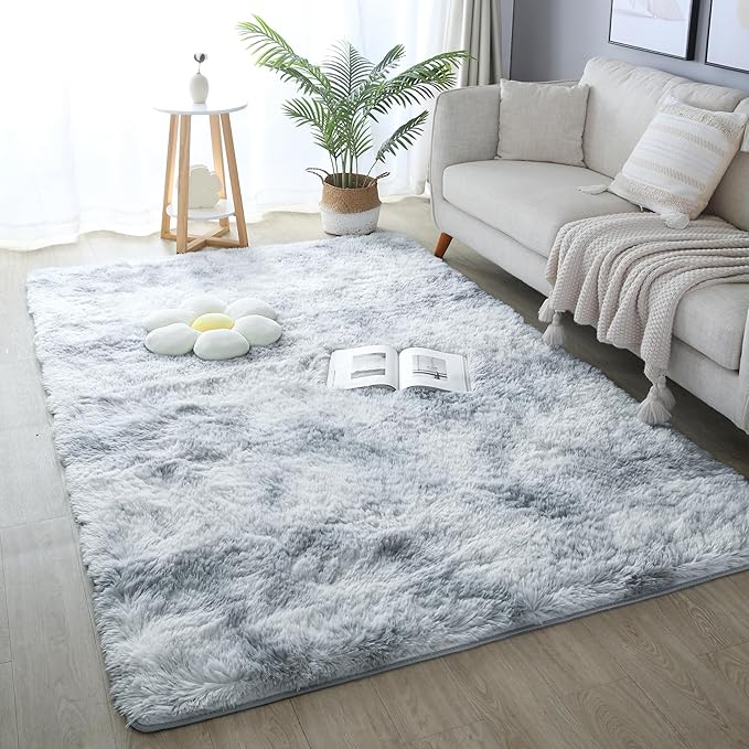 KICHOWUA 4x6 Light Grey Fluffy Shag Area Rug for Bedroom, Ultra Soft Fuzzy Plush Washable Carpet for Living Room, Modern Cozy Non Skid Furry Shaggy Rug for Kids Baby Boys Nursery Dorm,Tie-Dye Gray