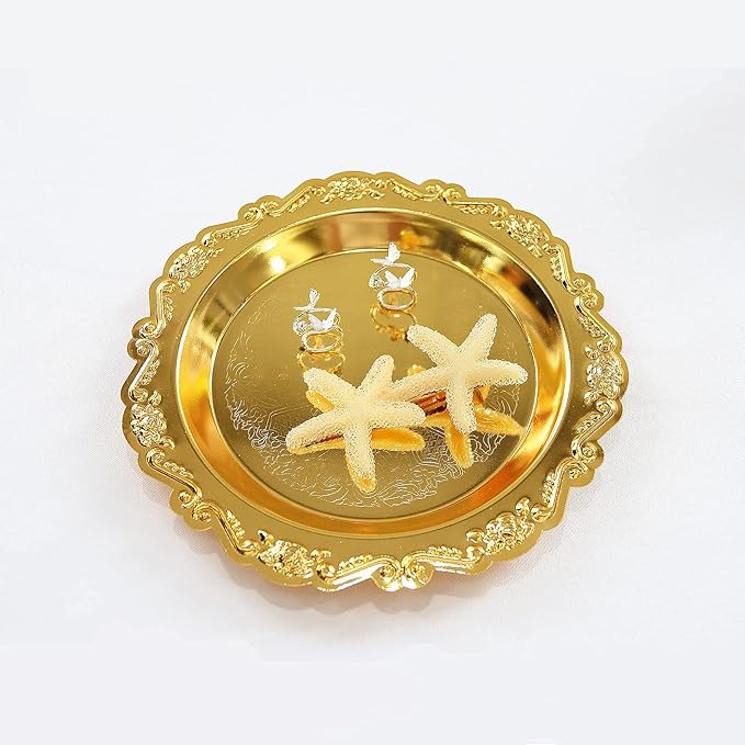 Round Storage Tray Necklace tray Jewelry Holder Organizer Dessert Plate Fruit DishRing Dish Organizer Holder Home Decor Wedding Gift for Perfume Candle Holiday Party(Golden/Silver) (Golden, Small)
