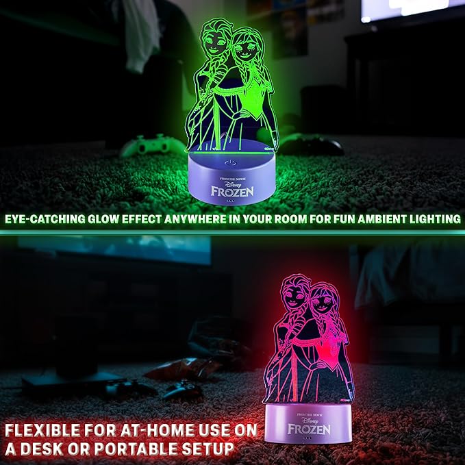 Get Trend Disney Frozen 3D Illusion Night Light for Kids, Anna & Elsa, 16 Colors, 4 Lighting Modes, Dimmable, Dual Powered LED Desk Lamp, Bedroom Decor, Gifts for Girls (Multi Frozen)