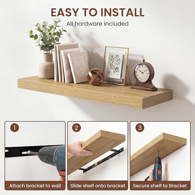 Dreamland 48 Inches Floating Shelves for Wall, 9.3" Deep Long Floating Shelves Set of 1, Large Display & Storage Shelf, Wall Shelf for Bathroom Bedroom Living Room Kitchen Office, Oak