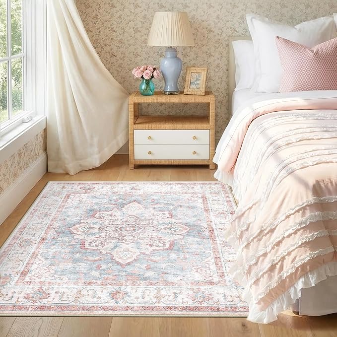 CAPALOCA Machine Washable Rugs Nursery Rug Sq4ft Cute Girl Non Slip Low Pile Water Repellent Soft Print Pattern for Bedroom Indoor Decor Kids Playroom Pink Blue