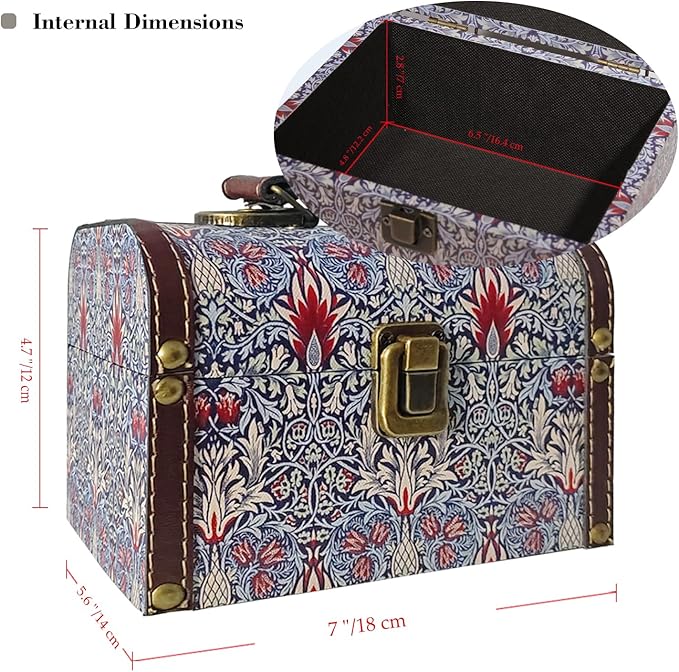 Vintage Decorative Storage Box with Handle, Retro Floral William Morris Keepsake Organizer Chest for Jewelry, Trinkets, Gift Packaging and Home Decor, 7 x 5.6 x 4.7 Inch