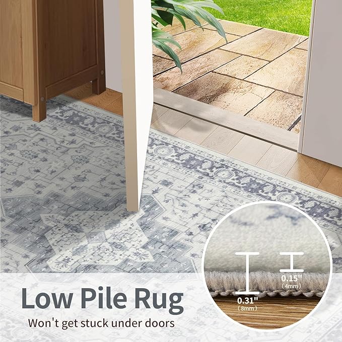 Rugxara 8x10 Washable Area Rug for Living Room, Extra Large Vintage Boho Rugs for Office, Kids Room, Farmhouse, Durable Low Pile Non Slip Carpet for High Traffic Areas,Blue Quartz