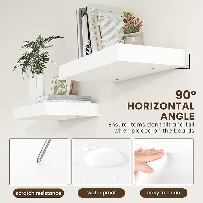 FLYJOE 12 Inch Deep Floating Shelves | 24 Inch White Floating Shelves | 24" W x 12" D White Wood Shelves for Wall | Deep Wood Shelves for Living Room Bathroom Laundry Room Kitchen