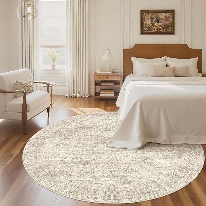 Soalmost 5x5 Beige Round Rug 5ft Living Room Circle Rug Vintage Round Area Rug Non Slip Indoor Carpet for Entryway Dining Room Bedroom