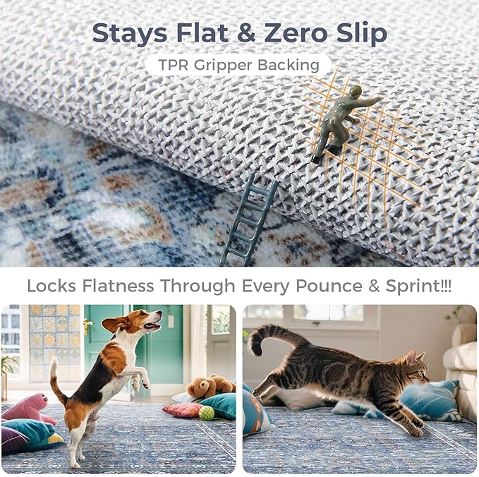 OPPODREAM Vintage Blue 3x6 Runner Rug, 3 x 6 Retro Washable Rug Non Slip, Low-Pile Faux Wool Carpet, Distressed Navy Floor Mat for Kitchen, Hallway, Entry-Way, Entrance, Indoor Back Door