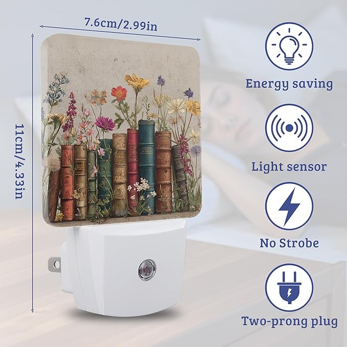 Vintage Bookshelf Night Light, Dusk to Dawn Nightlight with Auto Sensor Lamp Home Indoor Stairway Kitchen Corridor, Night Lights Plug Into Wall Decorative for Boys Girls Women Men Room Gifts