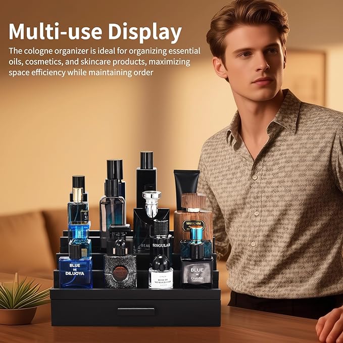 Perfume Organizer for Men, 4 Tier Wood Perfume Display Stand with Velvet Lining Drawer and Hidden Compartment for Watch,Jewelry,Perfume Display Risers,A Gift for Men (Black)