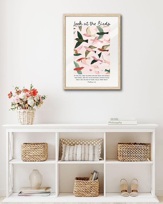 EcoHest Large 16x20in OAK Wood Framed Wall Art, Look at the Birds of the Air Bible Verse Matthew 6, Christian Scripture Modern Canvas Wall Decor for Bedroom Living Bathroom Religious Gift 1 Pack