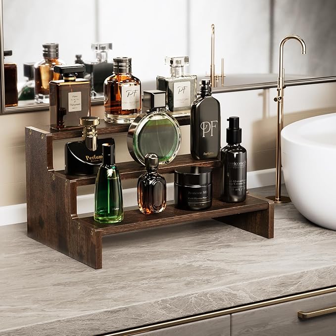 ProCase Wooden Cologne Organizer for Men, 3 Tier Perfume Organizer, Mens Cologne Stand Holder Storage, Display Riser Shelf Rack for Fragrances Candles Cosmetics Cupcake Figure Spice -Brown