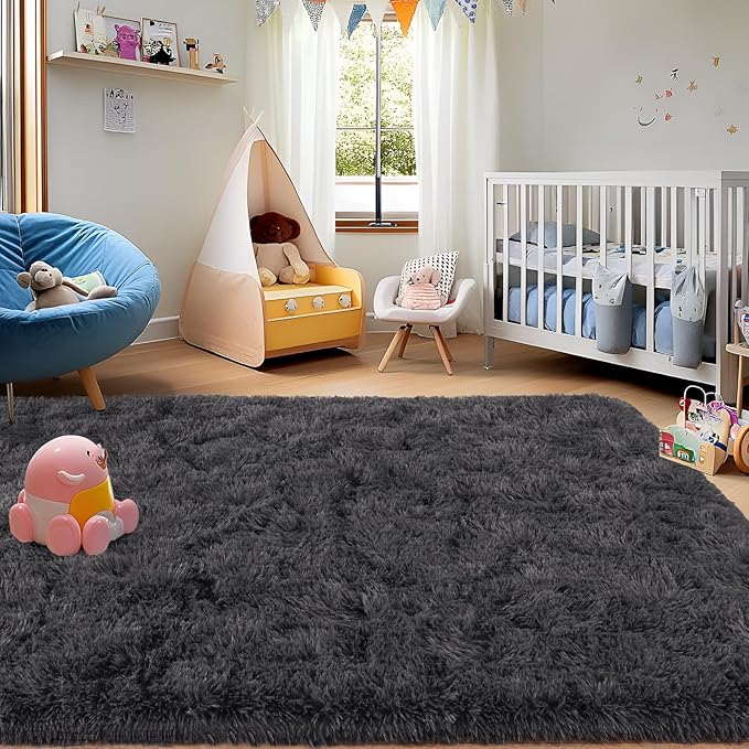 5x7 Fluffy Fuzzy Area Rug for Living Room Bedroom, Ultra Soft Rugs for Living Room, Modern Shaggy Carpets Rug for Boys Girls Dorm Nursery Home Decor Aesthetic, Upgrade Non-Slip Durable, Charcoal Grey
